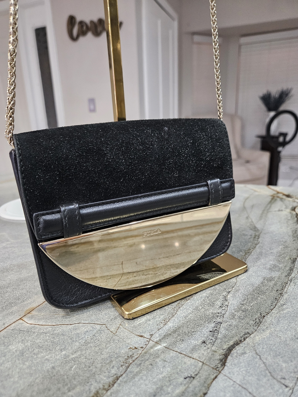 Furla Rare Black Leather Shoulder Bag with Gold Accent Vintage